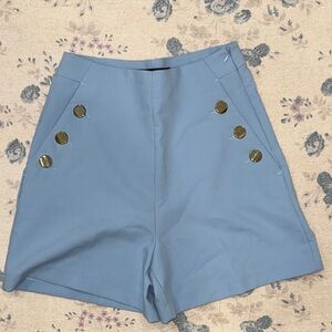 Zara Powder Blue High-Waist Shorts with Gold Buttons